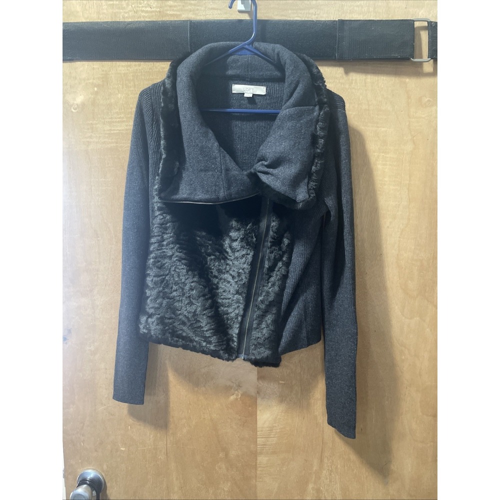Loft‎ Sweater Jacket Faux Fur Collar Asymmetrical Side Zipper Medium Black